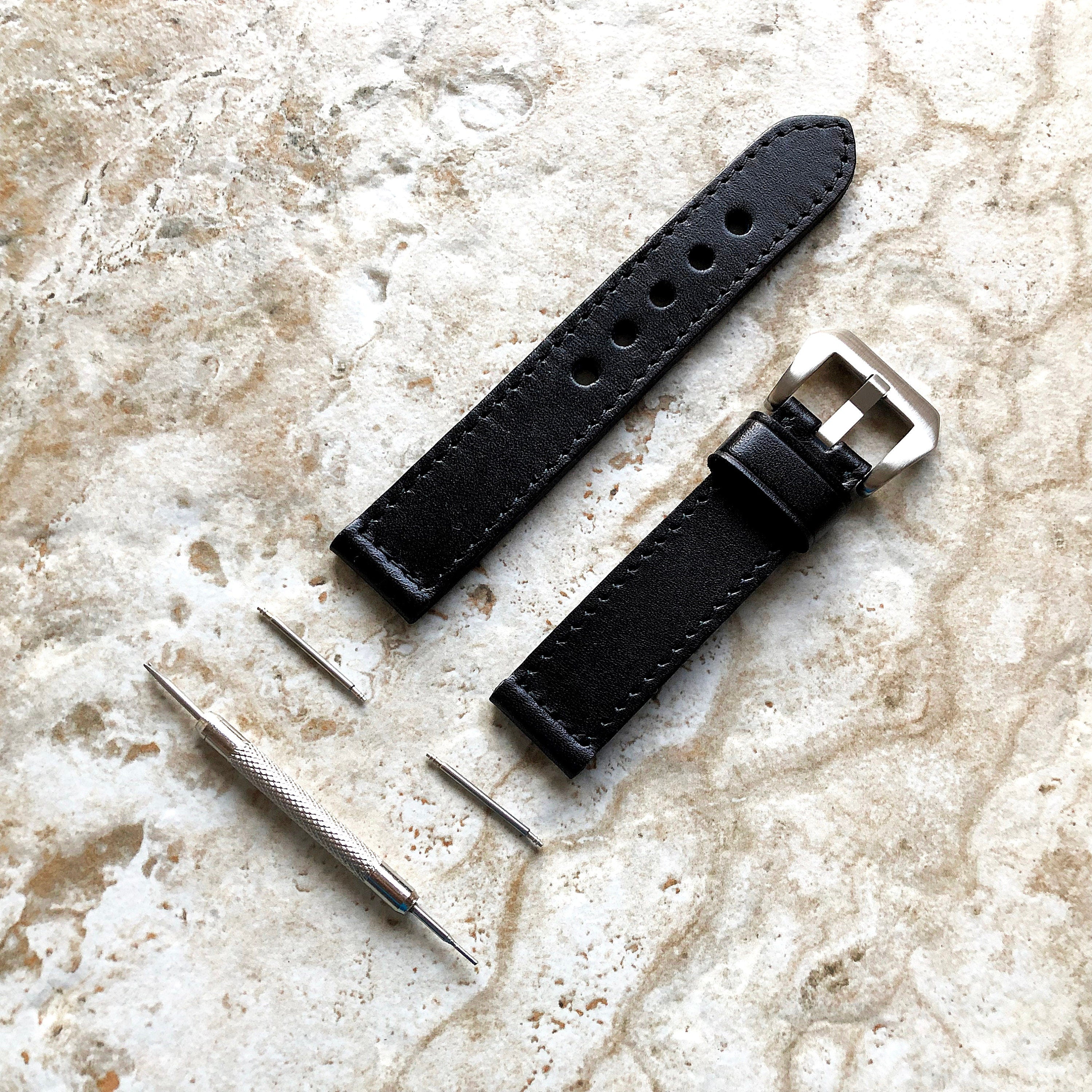 Black Color 20mm 22mm 24mm Width Handmade Double Sided Stitched Premium Genuine Leather Watch Band Strap Kit for Watches - Pins Buckle Tool